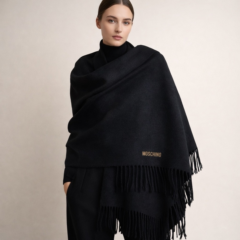 MOSCHINO Black Wool Scarf Gold Embroidered Fringe Luxury Designer Blanket Scarf - Picture 2 of 6